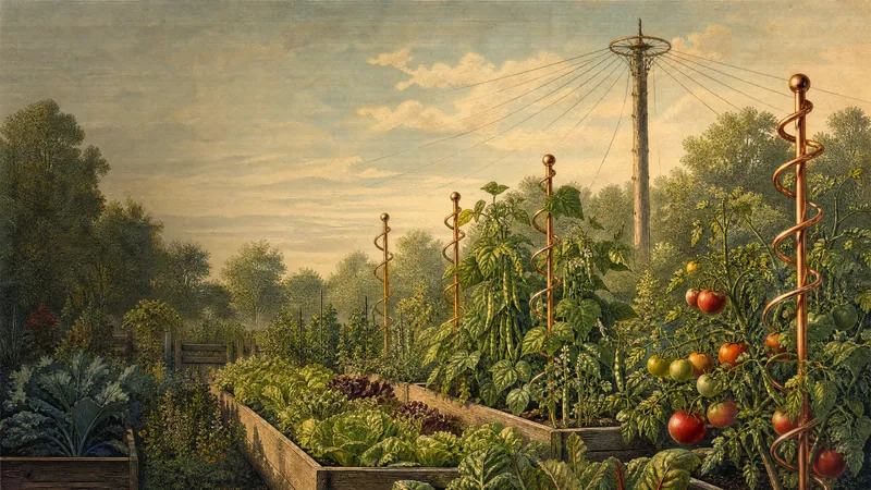 Illustration in vintage engraving style of raised vegetable beds with tomatoes, beans and lettuce, copper spiral stakes among the plants and an old wooden electroculture mast in the background